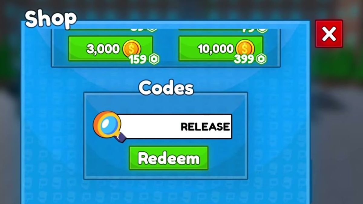The full Codes panel: input field, magnifier icon, green Redeem button