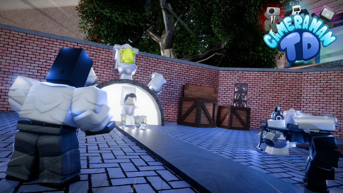 Official art: two cameramen and a TV man flank the game's neon logo