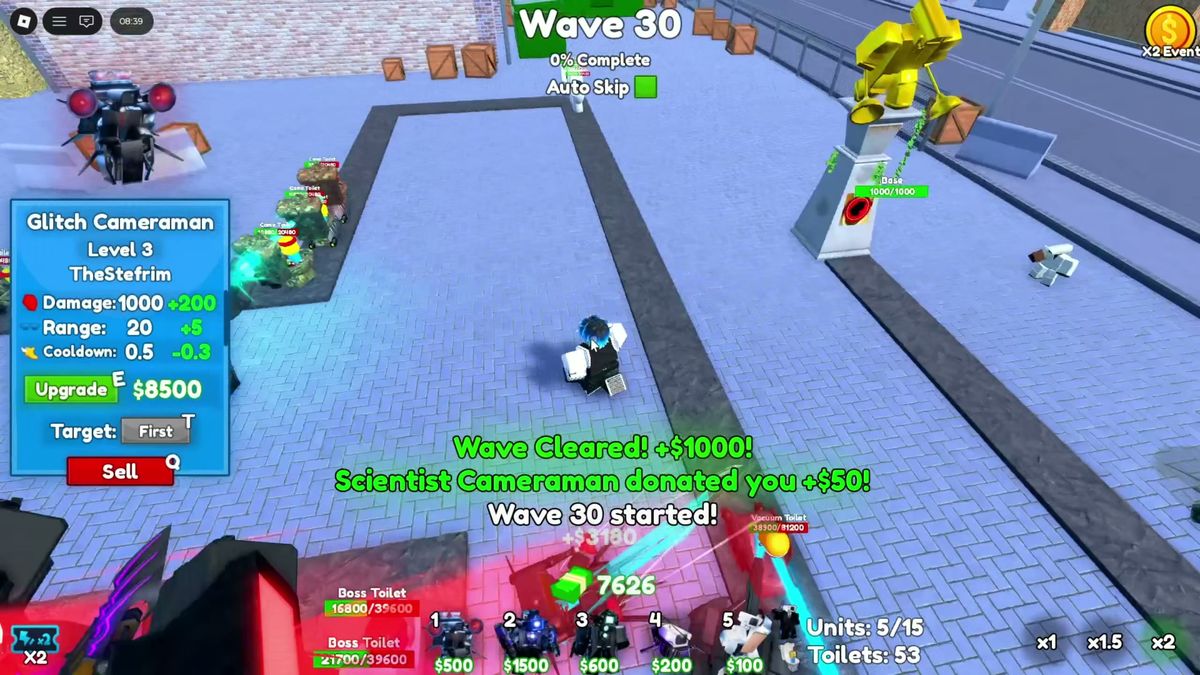 A maxed damage unit shredding a late wave — the numbers on screen are the whole point