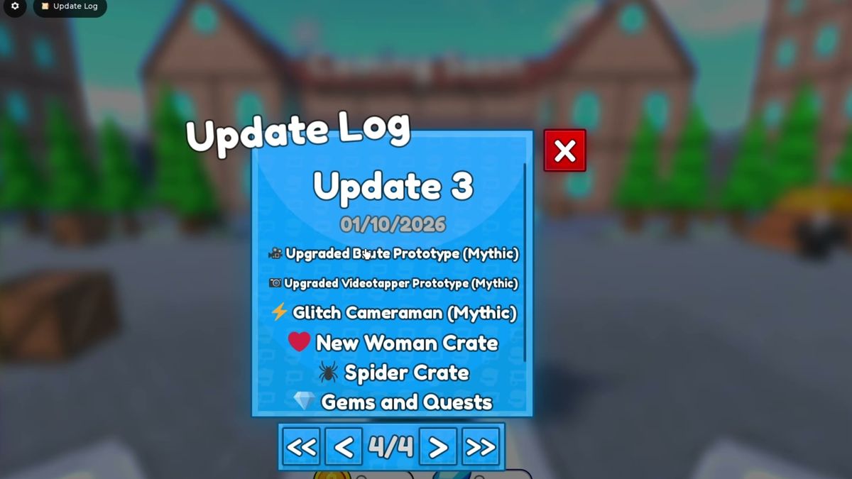 The in-game Update Log popup, page 4 of 4, listing the Spider Update